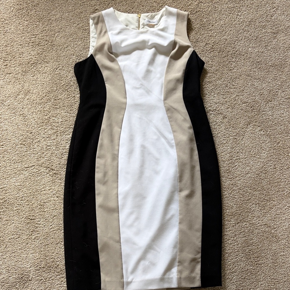 Calvin Klein White, Beige & Black Colorblock Midi Sheath Dress
